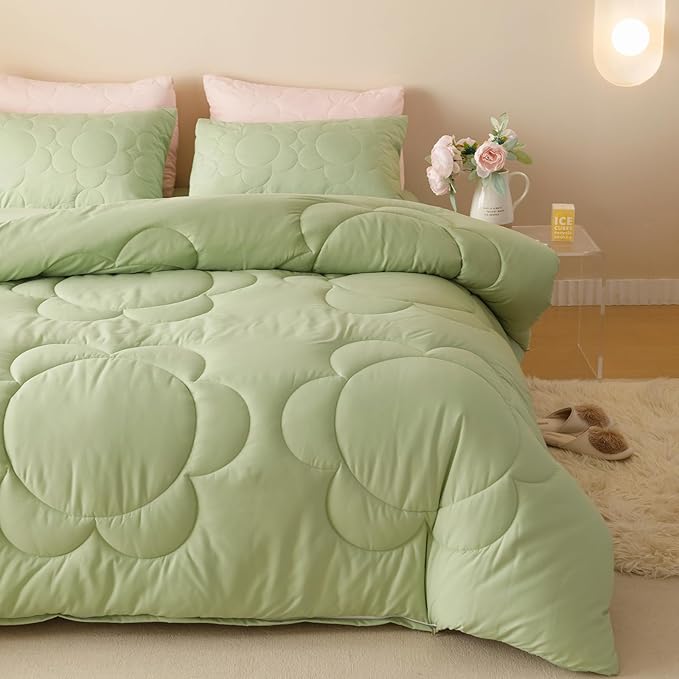 Luxlovery Sunflower Sage Green Comforter Set Full Light Green Quilts Big Flowers Bedding Comforter Set Botanical Farmhouse Soft Breathable Bohemian Comforter Women Girls