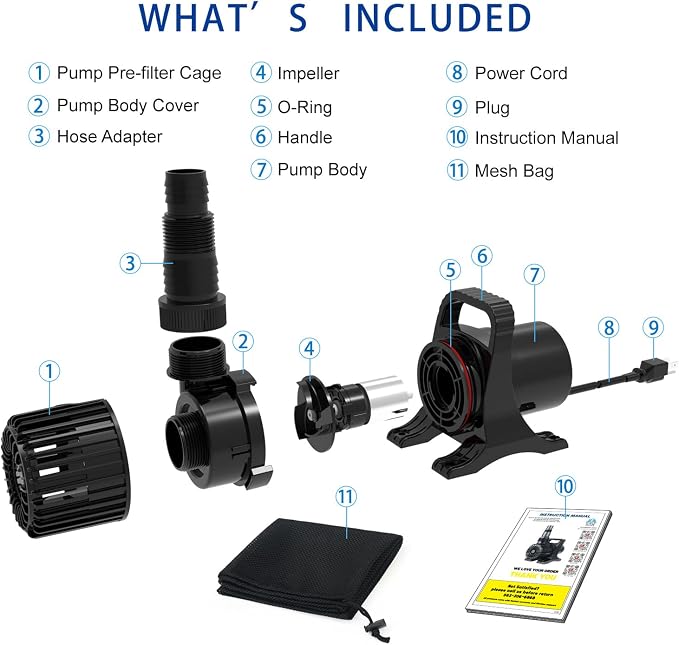13800 GPH 1100W IPX8 Extra Large Submersible Pond Pump | 32.8FT long power cord, smart quiet fountain pump for Koi fish, garden yard patio duck outdoor, comes with barrier filter bag