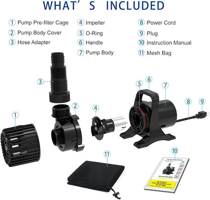 13800 GPH 1100W IPX8 Extra Large Submersible Pond Pump | 32.8FT long power cord, smart quiet fountain pump for Koi fish, garden yard patio duck outdoor, comes with barrier filter bag