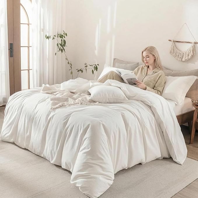 Soft Breathable Cozy Off White Duvet King Size 100% Washed Cotton Bedding Set Cover 1 Duvet Cover Zipper Closure and 2 Pillowcases, 104inch x 90inch