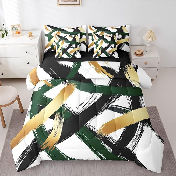 Erosebridal Black Green Gold Abstract 7 Piece Comforter Set Twin Modern Minimalist Line Geometric Bedding Set Minimalist Simple Sketch Art Bed in A Bag Cool Unique Contemporary Sheet Set