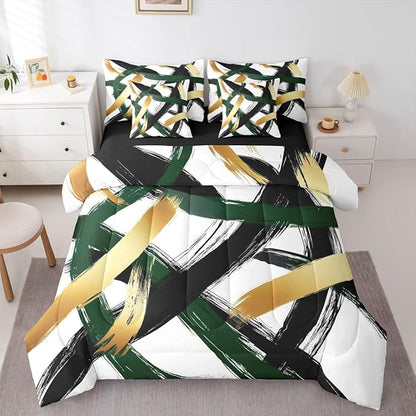 Erosebridal Black Green Gold Abstract 7 Piece Comforter Set Queen Modern Minimalist Line Geometric Bedding Set Minimalist Simple Sketch Art Bed in A Bag Cool Unique Contemporary Sheet Set