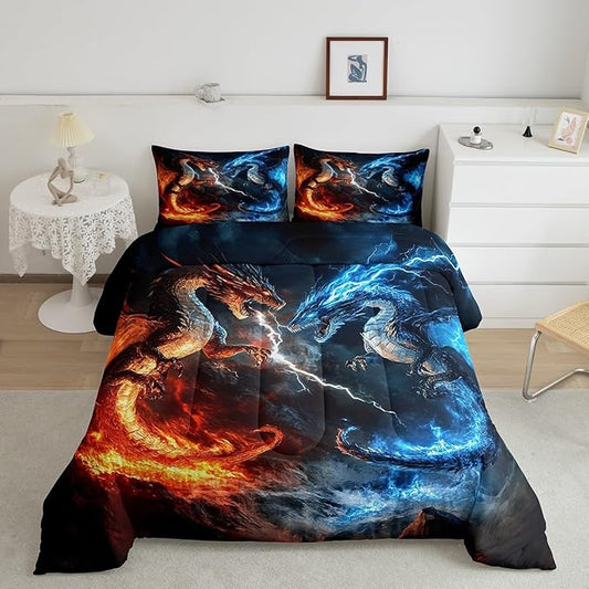 Feelyou Dragon Comforter Set Toddler Size Dragon Stuff Comforter Wild Life Bedding Set Thunder and Lightning Duvet Set Room Decor Blue Orange Quilt Set