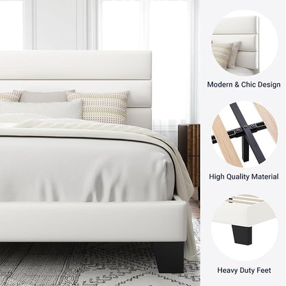 Allewie Queen Size Platform Bed Frame with Velvet Upholstered Headboard | Wooden Slats Support, Fully Upholstered Mattress Foundation, No Box Spring Needed, Easy Assembly, Noise-Free, White