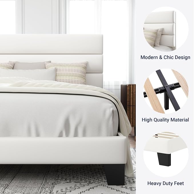 Allewie Full Size Platform Bed Frame with Velvet Upholstered Headboard | Wooden Slats Support, Fully Upholstered Mattress Foundation, No Box Spring Needed, Easy Assembly, Noise-Free, White