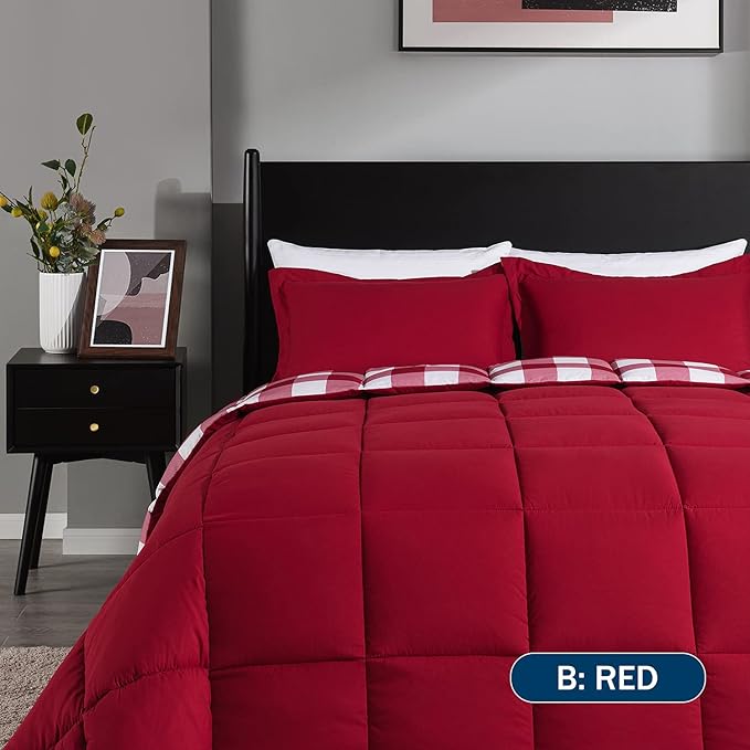 downluxe Lightweight Plaid Comforter Set (Queen) with 2 Pillow Shams - 3-Piece Set - Red/White Plaid - Down Alternative Reversible Comforter