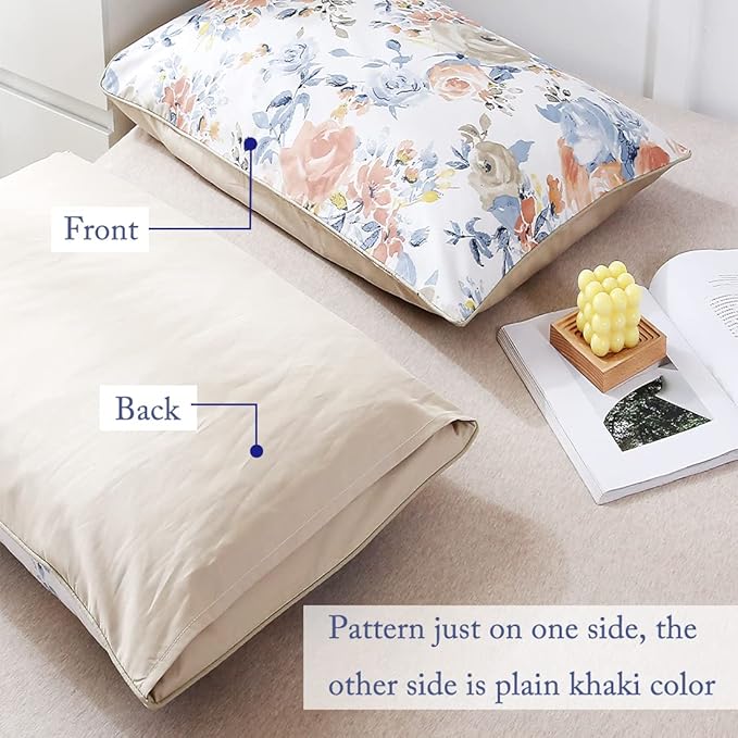 WINLIFE 100% Cotton Pillowcases Set of 2 King Natural Beauty Artwork Garden Floral Printed Pillow Cases Orange Blue Rose Print Pillow Cover (King 20x36'', Peony)
