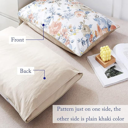 WINLIFE 100% Cotton Pillowcases Set of 2 King Natural Beauty Artwork Garden Floral Printed Pillow Cases Orange Blue Rose Print Pillow Cover (King 20x36'', Peony)