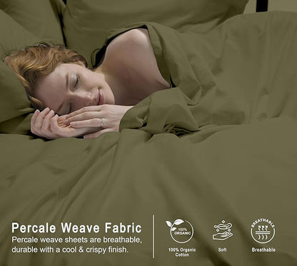 RUVANTI 100% Organic Cotton Sheets Twin XL, Percale Weave, GOTS Certified, 3-Piece Set, Deep Pocket 15", Crisp & Breathable, Soft Durable Bedding, Sábanas Algodón Orgánico – Olive