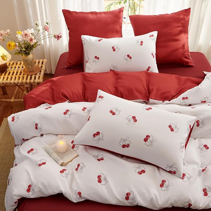 White Twin Comforter Set - Red Cherry Quilt Bedding Set 2 Pieces, Comforter Set Twin Size, Soft & Lightweight Comforter(68‘’ x 90‘’) for Girl All Season & 1 Pillowcase(30‘’x20‘’)
