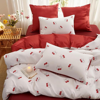 White Queen Comforter Set - Red Cherry Comforter Set Queen Size, Heart Quilt Bedding Set 3 Pieces, Soft & Lightweight Comforter(90‘’ x 90‘’) for Girl All Season & 2 Pillowcases(30‘’x20‘’)