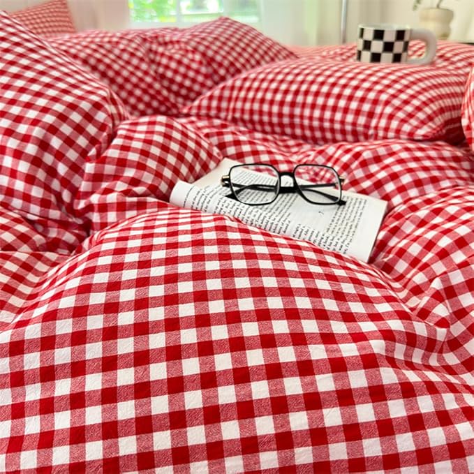 Nayoroom Red Gingham Duvet Cover Queen Size 100% Washed Cotton Plaid Checkered Duvet Cover 3 Pieces Soft Breathable Grid Farmhouse Dorm Bedding Set for All Seasons