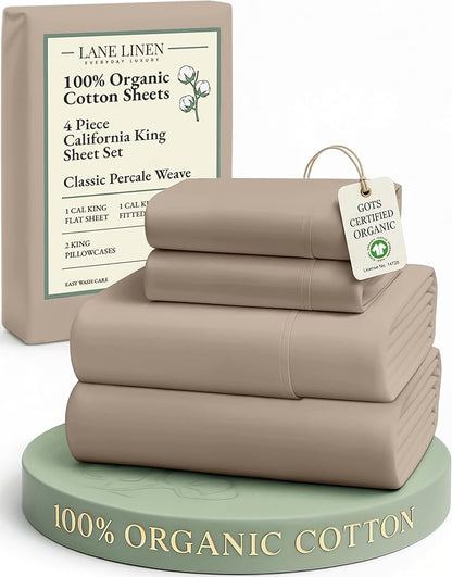 LANE LINEN 100% Organic Cotton California King Sheets Set, 4-Piece Organic Cotton Percale Weave Ultra Soft & Comfy Machine Washable Mercerized Bed Sheets, Fits Mattress Upto 15" Deep - Taupe
