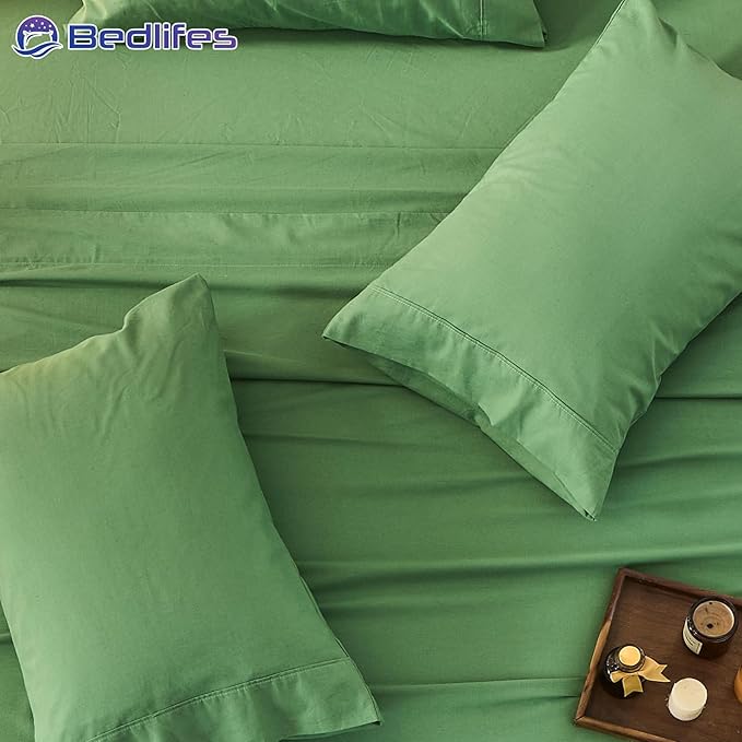 Bedlifes 100% French Pure Linen Sheets King Size Breathable and Cooling Flax Sheet Set Soft Durable and Moisture Wicking 16 Inch Deep Pocket-4 Piece(King,Sage Green)