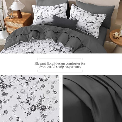 Luxudecor Floral Queen Comforter Set 7 Pieces Bed in a Bag, Black Rose Romantic Flower Bed Set, Soft Reversible Comforter with Sheet Set 90"x90"