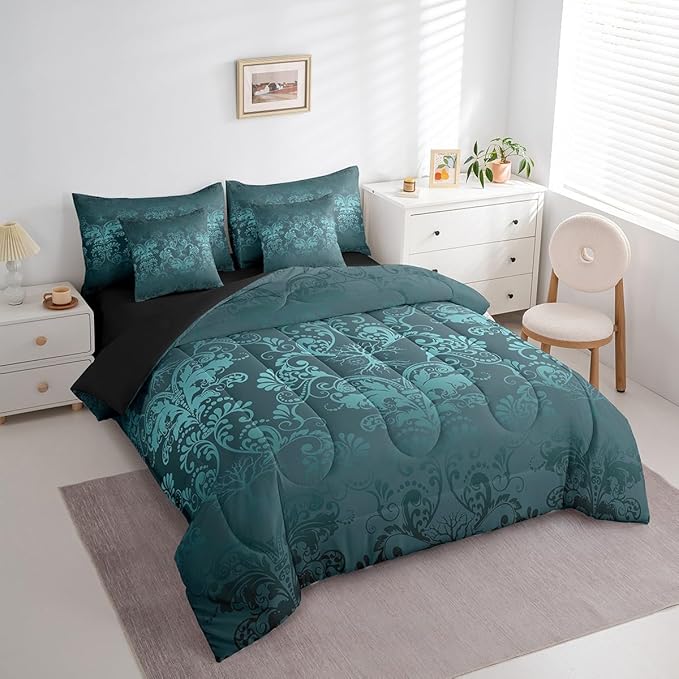 Erosebridal Gothic Damask Comforter Set 7 Piece Bed in a Bag Twin,Sun Moon Tree of Life Bedding Sets Turquoise Victorian Floral Goth Sheet Set with Comforter