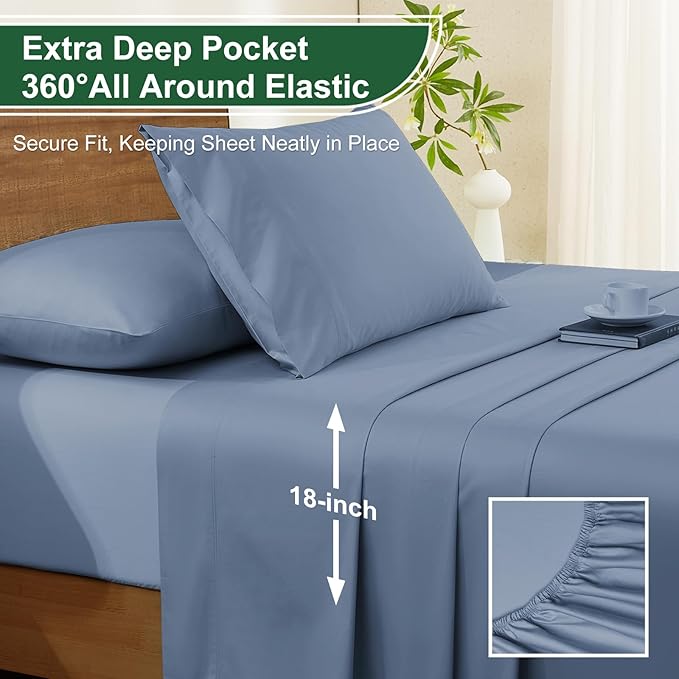 Ivellow 100% Egyptian Cotton Sheets Queen Size Set - 1200 Thread Count 6 PC 18" Deep Pocket Queen Size Bed Sheet Set，Luxury Soft Breathable Dusty Blue Cooling Sheet Sets Durable Hotel Quality Bedding