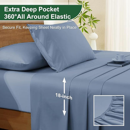 Ivellow 100% Egyptian Cotton Sheets King Size Set - 1200 Thread Count 6 PC 18" Deep Pocket King Size Bed Sheet Set，Durable Hotel Quality Luxury Soft Breathable Dusty Blue Cooling Sheet Sets Bedding