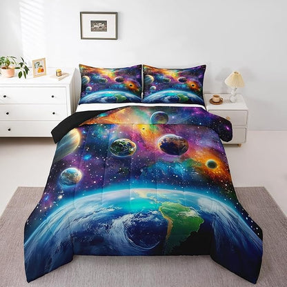 Feelyou Universe Galaxy Comforter Set Twin Size Kids Planets Earth Bedding Set Boy Girl Teen Solar System Comforter Breathable Outer Space Duvet Set Nebula Quilt Set