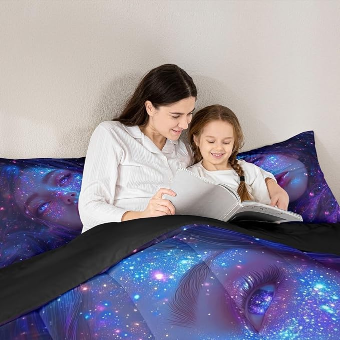 Erosebridal 3D Japanese Girl Comforter Set with Glitter Stars Decorations Galaxy Bedding Full Size 3 Pieces Anime Decor Down Comforter, Fashion Anime Gifts for Girls Duvet Set with 2 Pillowcases