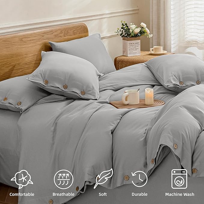 JELLYMONI Cotton Duvet Cover Cal King Size - Light Gray Comforter Cover with Button 100% Washed Cotton 3PCS Breathable Soft Solid Bedding Set Duvet Cover 104×98in & 2 Pillowcases (NO Comforter)