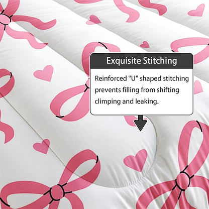 Pink Bowknot Comforter for Girls,3 Pieces Princess Bowknot Bedding Twin Size,Kawaii Bow-tie Bed Set for Kids Women,Pink Cute Bow Bedding,Girls Bedroom Comforter Set 1 Quilt 2 Pillowcases