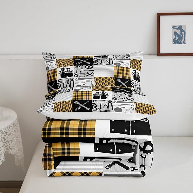 Kids Boys Car Comforter Set Wrench Repair Outfit Bedding Set Farmhouse Gingham Check Bedding Home Decor Yellow Gray Comforter King Size 3 Pieces Quilted Duvet Set with 2 Pillowcase