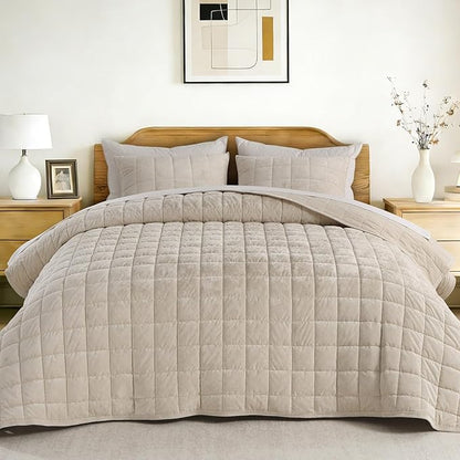 KASENTEX Greek Velvet Queen Quilt Set, 3× Softer Luxe Sheen, 100% Cotton Backing, 150GSM Down-Alternative Fill, Expanded 98×98" Coverage for Fuller Side Drape (1 Quilt + 2 Pillow Shams), Sandshell