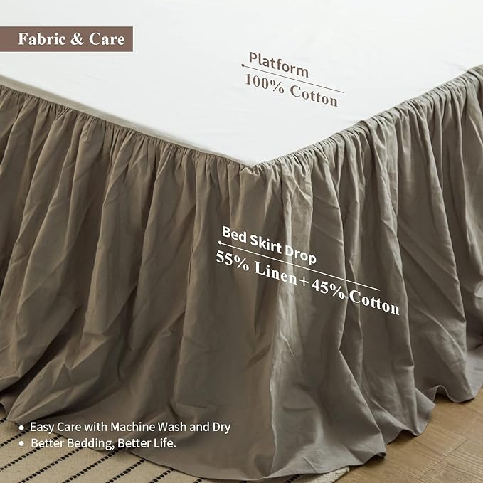 BISELINA French Linen Bed Skirt with Pleated Frills 18-Inch Tailored Drop Natural Flax Cotton Blend Dust Ruffle Soft Cozy Farmhouse Bedding (18" King, Ruffle Grey)