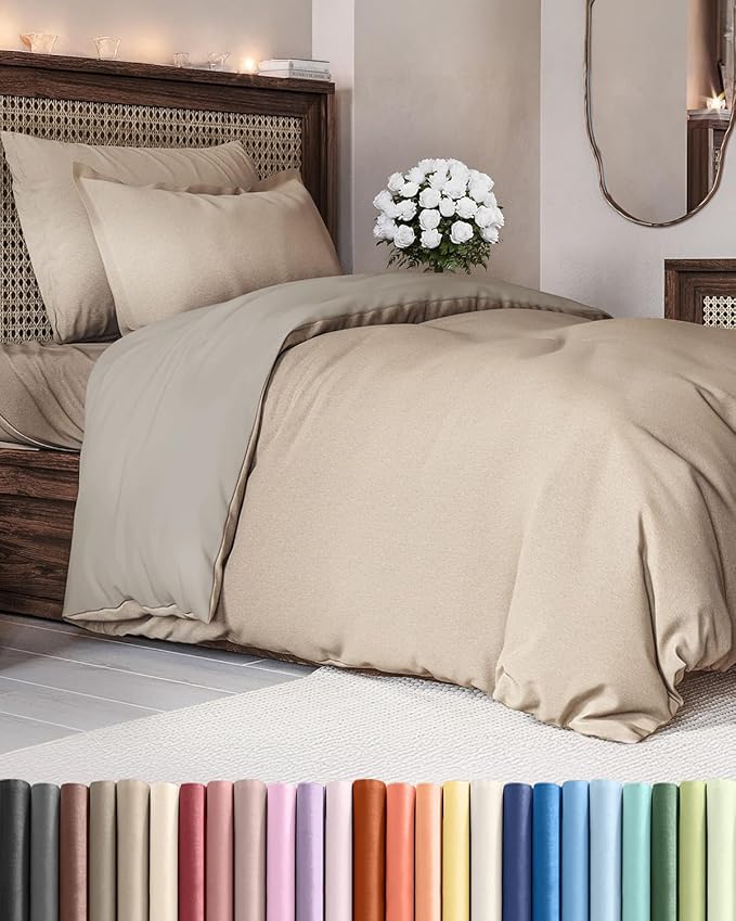 Duvet Cover Twin/Twin XL Size Set - Extra Soft Twin/Twin XL Duvet Cover 68" x 90" with 1 Pillow Sham - Hotel Luxury, Fade Free w/ Zipper Closures & Ties - Comfy, Cozy & Breathable (Heathered Beige)