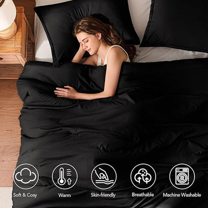 Oversized King Comforter Set Black,3PCS Soft Lightweight Breathable Bedding Comforter for All Season, Oversized King Size(120''×98'' Comforter & 2 Pillowcases)
