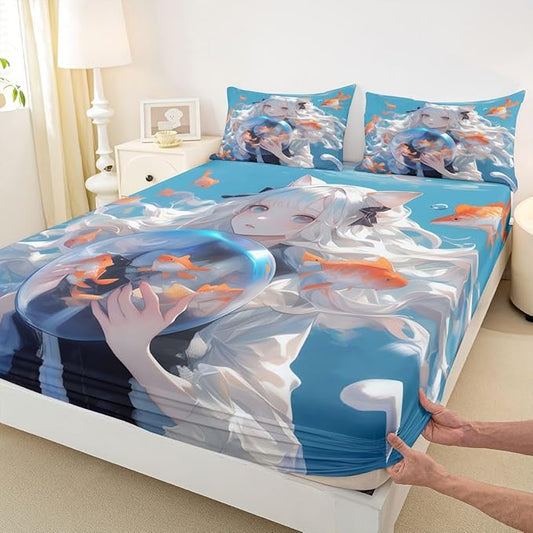 Japanese Girl Fitted Sheet 3D Anime Printed Design Bed Sheets for Kids Girls Boys Anime Gifts Bedding Sets, Cartoon Design Sheets Kawaii Anime Girls Decorations Sheets Full 3Pcs