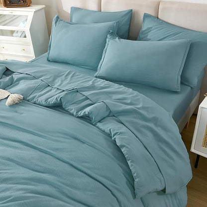 Litanika Queen Comforter Set Grayish Teal - 7 Pieces Bed in a Bag Queen Bedding Comforter Sets, Solid Lightweight Bed Set with Comforter, Sheets, Pillowcases & Shams