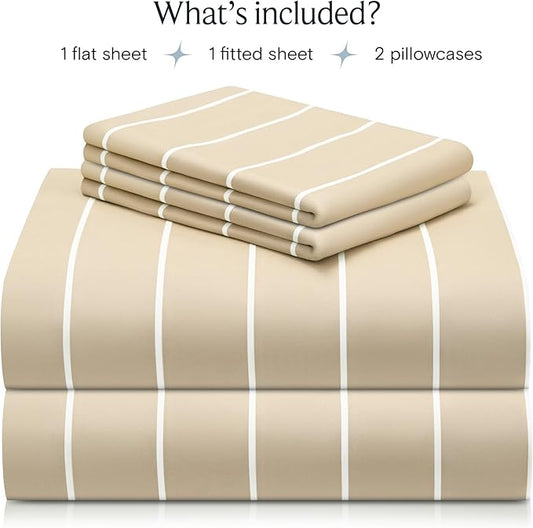 LuxClub 4 PC Queen Size Sheet Set, Breathable Luxury Bed Sheets, Deep Pockets 18" Wrinkle Free Cooling Machine Washable Hotel Bedding (Striped Cream)