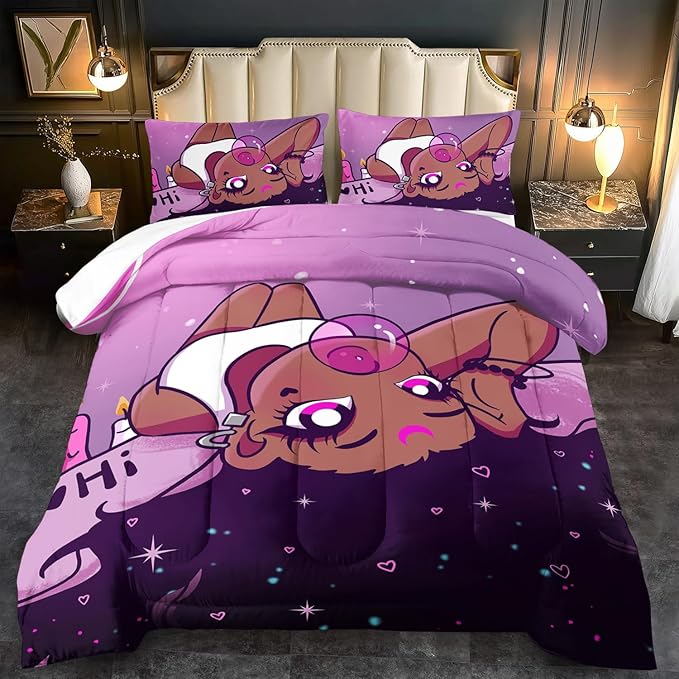 Black Girl Comforter Set Full Cute Bedding Set College Dorm Girl Cartoon Teen Black and Pink Comforter Full Kawaii Room Decor Cartoon Bedding Quilt Decor Kids