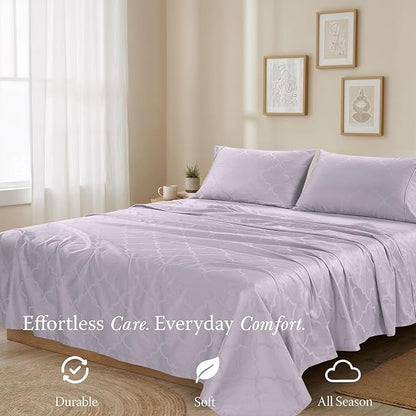 Threadmill Cotton Twin Sheet Set | 100% Cotton Sheets for Twin Size Bed | Damask Jacquard Sateen Twin Bed Sheets Set with 16” Deep Pocket | Soft Breathable 3-Piece Cooling Sheet Set | Lilac