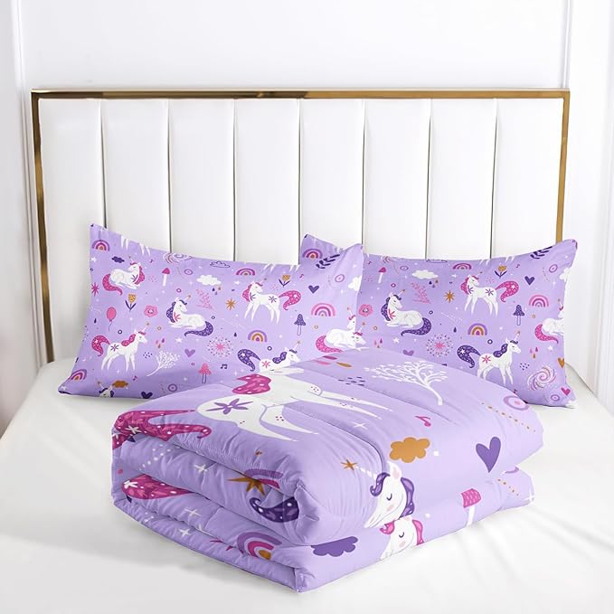 Unicorn 3 Piece Bedding Set - Violet 3 Pieces Bedding Set for Kids, Unicorn Girls Comforter Set, Rainbow Clouds Star Quilt Set (1 Comforter 2 Pillowcase), All Seasons