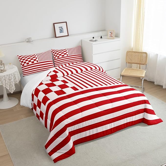 Red Stripes Comforter Set Buffalo Check Plaid Bedding Set Fashion Plaid Geometric Bedding Home Decor Modern Simple Style Comforter King Size Quilted Duvet Set 1 Comforter with 2 Pillowcase