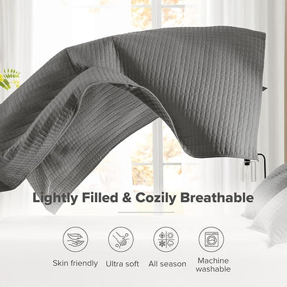 Comfort Spaces Kienna Quilt Set- Double Sided Stitching Design Summer Blanket, Lightweight, Soft, All Season Bedding Layer, Matching Sham, Charcoal, Coverlet King (104"x90") 3 Piece
