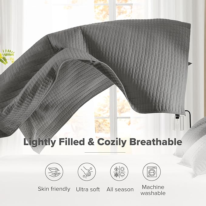 Comfort Spaces Charcoal Oversized Queen Quilt Set 102"x118" Bedspread Quilted Summer Lightweight Microfiber Bedding Coverlet with Double Sided Stitching Soft All Season 3 Piece with Matching Shams