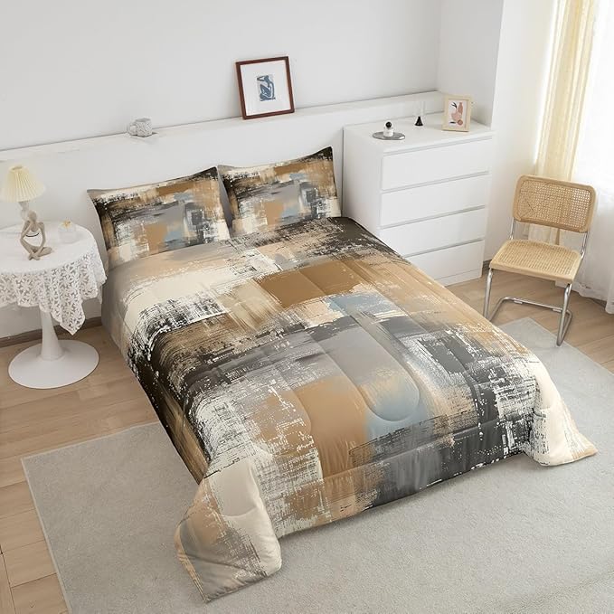Graffiti Grunge Comforter Set,Brown Grey Tie Dyed Bedding Sets for Women Men,Hand Painted Watercolor Duvet Insert Lightweight,Ombre Oil Painting Down Comforter with 2 Pillowcases Warm,Queen