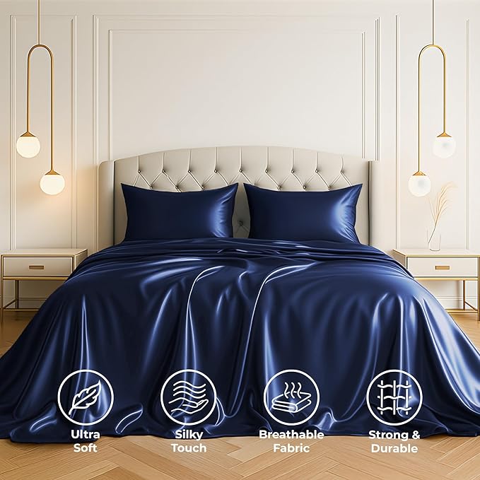 Pure Bedding Satin Sheets Full Hotel Luxury Silky Bed Sheets - Extra Soft 1800 Microfiber Sheet Set, Wrinkle, Stain Resistant - Deep Pocket Fitted Flat Sheet, Pillow Cases (4-Piece, Midnight Blue)