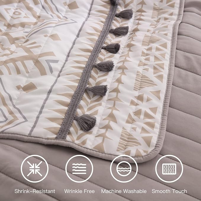 HORIMOTE HOME Boho Style Beige King Quilt Set with Tassle, Soft and Lightweight Bedspread for All Season, King Size Bed Coverlet with 2 Matching Pillow Shams (3 Piece)