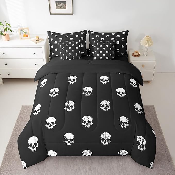 Castle Fairy 7 Pcs Skull Decor Bedding Sets with Sheets,Comforter,Pillowcases,Pillow Covers Human Skull Graffiti Print Comforter Set for Kids Teens Adults Bedroom Dorm Bed Set King Size