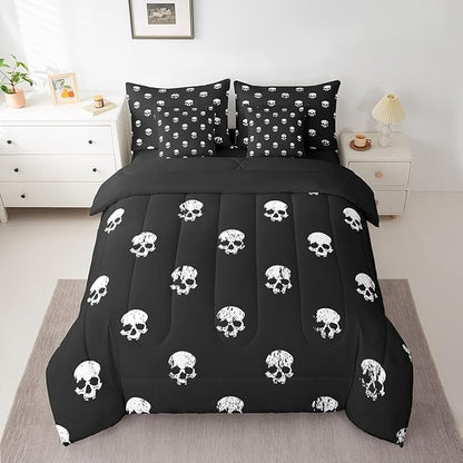 Castle Fairy 7 Pcs Skull Decor Bedding Sets with Sheets,Comforter,Pillowcases,Pillow Covers Human Skull Graffiti Print Comforter Set for Kids Teens Adults Bedroom Dorm Bed Set King Size
