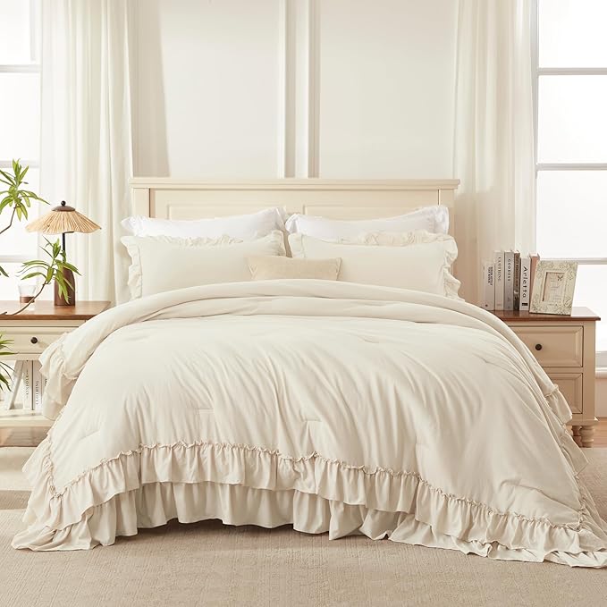 Andency Beige Full Size Comforter Set, 3 Pieces Farmhouse Shabby Chic Ruffle Comforter, Soft Lightweight Fluffy All Season Polyester Bedding Comforter Set for Kids, Girls, Women