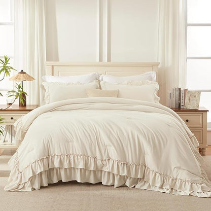 Andency Beige Queen Comforter Set, 3 Pieces Soft Lightweight Fluffy Solid Ruffle Bedding Comforter Sets, All Season Farmhouse Shabby Chic Comforter for Queen Size Bed (Beige, 90x90Inch)