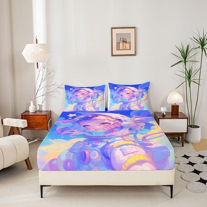Erosebridal Watercolor Anime Girl Bedding Set, 3D Anime Fitted Sheet 2Pcs Cosmo Galaxy Sci-Fi Virtual Reality Sheets for Boys Girls Graffti Stars Print Bed Sheets Twin, No Top Sheet