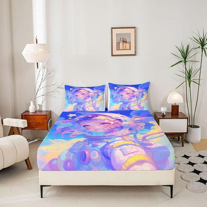 Erosebridal Watercolor Anime Girl Bedding Set, 3D Anime Fitted Sheet 2Pcs Cosmo Galaxy Sci-Fi Virtual Reality Sheets for Boys Girls Graffti Stars Print Bed Sheets Twin, No Top Sheet