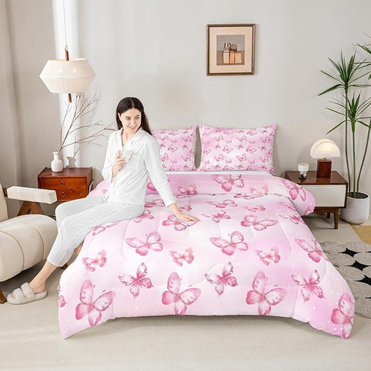 Erosebridal Pink Butterfly Comforter Set for Kids Boys Girls 3D Pink Dreamy Butterfly Bedding Colorful Ink Stick Printing Duvet Set All Season Microfiber Comforter Queen with 2 Pillowcases